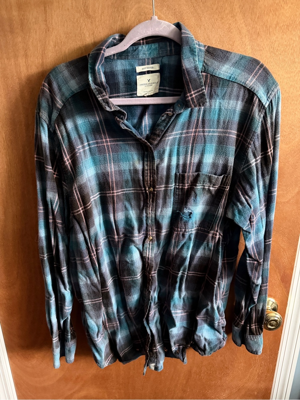 American Eagle Outfitters Teal and Black Plaid Button-Down Shirt